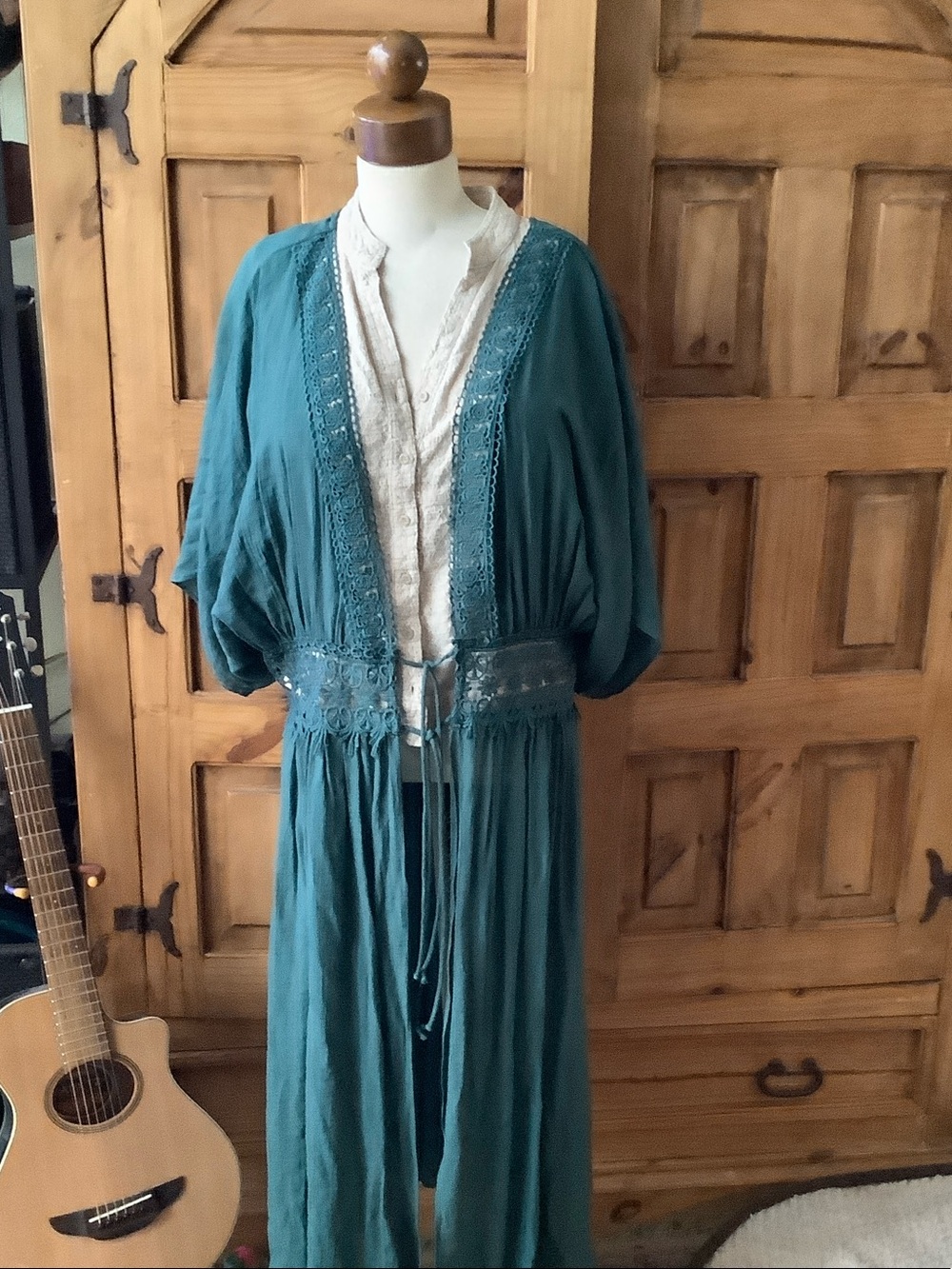 Teal Lace-Trim Maxi Dress with Tie Waist